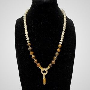 Tigers Eye Faux Pearl Beaded Necklace 18" Detachable Pave Rhinestone Pendant